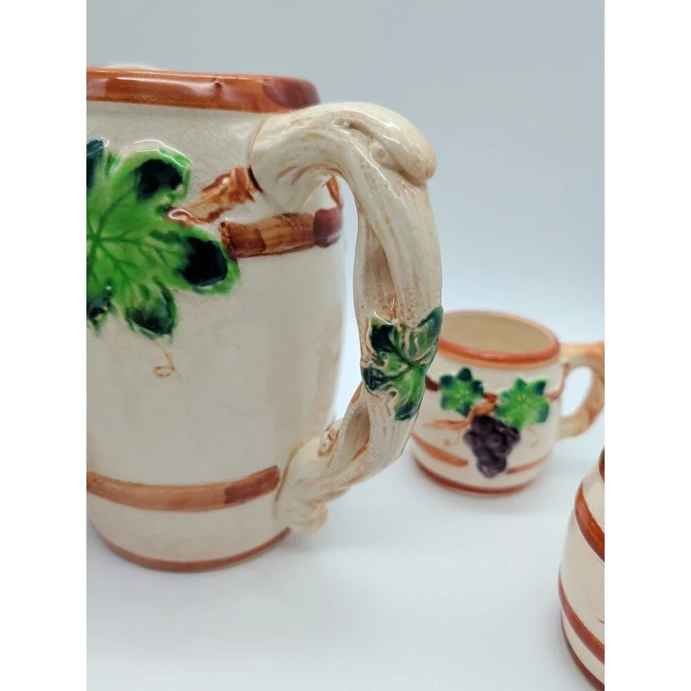 Kasuga Ware Japan Majolica Grape Pitcher 5 Mugs Vine Handles